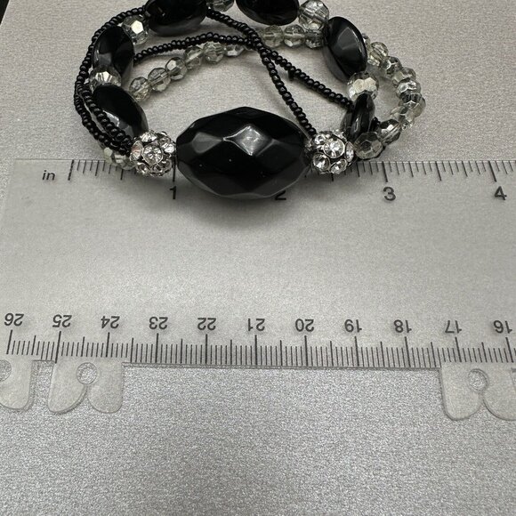 Beaded Stretch Bracelet Black Faceted Multi Strand Rhinestone Acrylic Chunky - Picture 10 of 11